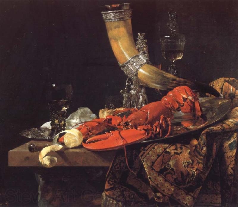 Willem Kalf Still Life with the Drinking-Horn of the Saint Sebastian Archers-Guild,Lobster and Glasses